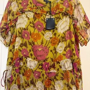 Massimo Dutti Mustard Floral Ruffle Blouse with Pink & Orange Blooms